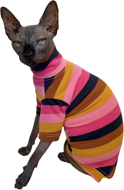 Vintage Stripes Sphynx Hairless Cats Shirt Cotton Cat Turtleneck Pet Clothes Kitten T-Shirts with Sleeves for Sphynx Cornish Rex, Devon Rex, Peterbald (Moning Glory, Small (Pack of 1))