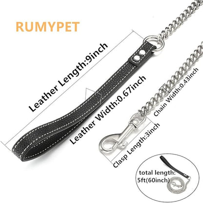 Silver Chain Dog Leash 11MM Solid Chew Proof 316L Stainless Steel Cuban Link Chain with Genuine Leather Handle Training Walking 3FT/4FT/5FT for Small Medium Large Dogs(11mm,5ft)…