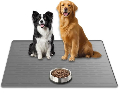 31.8"x23.8" Extra Large Pet Food Mat, Silicone Dog Mats for Food and Water, XL Nonslip Pet Feeding Mats for Floors,Dog Cat Bowl Mat with Raised Edges, Light Gray