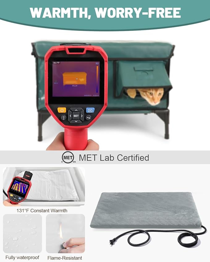 Heated Cat House for Outdoor Cats, Waterproof Insulated Outdoor Cat House with Heating Pad, Weatherproof Elevated Heated Cats House for Outside Feral Cats(Deep Green, 16" L x 12" W x 18" H)