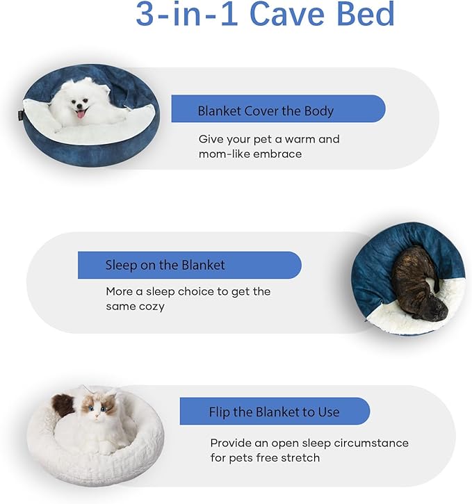 Cozy Soft Dog Bed with Hooded Blanket Warm Calming Cat Cave for Small Medium Dogs and Cats, Non-Slip Bottom & Machine Washable Pet Beds, Navy Blue 26x26x7″