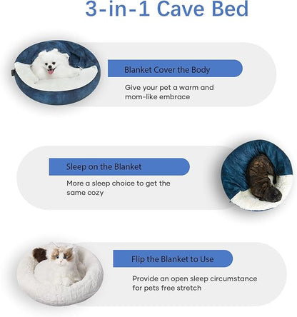 Cozy Soft Dog Bed with Hooded Blanket Warm Calming Cat Cave for Small Medium Dogs and Cats, Non-Slip Bottom & Machine Washable Pet Beds, Navy Blue 26x26x7″
