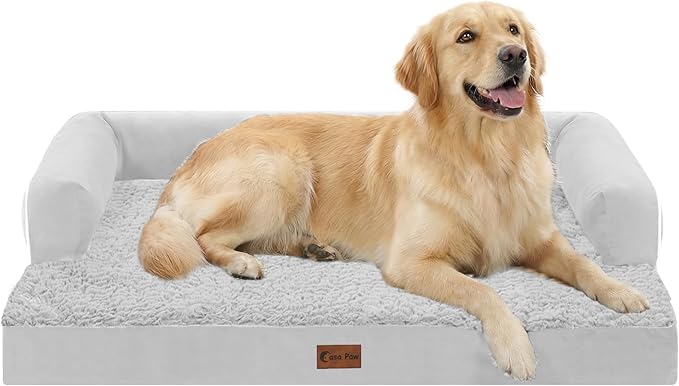 Casa Paw Orthopedic Dog Beds for Large Sized Dogs, Waterproof Egg Crate Foam Large Dog Couch Beds with Comfy Bolster 36x27Inch, Washable Pet Beds with Removable Cover and Nonskid Bottom, Grey White