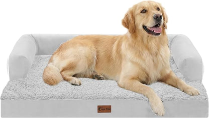 Casa Paw Orthopedic Dog Beds for Large Sized Dogs, Waterproof Egg Crate Foam Large Dog Couch Beds with Comfy Bolster 36x27Inch, Washable Pet Beds with Removable Cover and Nonskid Bottom, Grey White