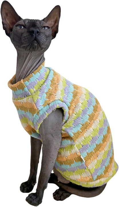 Sphynx Cat Clothes Hairless Cat Vest Elastic Cat Sweater Outfit, Pet Clothes for Sphynx Cat Coat for Cats and Small Dogs Apparel, Hairless cat Shirts Sweaters (Cyan Chestnut, Small)