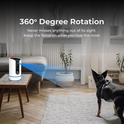 WaggleCam 2K Pet Camera and Treat Dispenser with 360° AI Tracking, 2-Way Audio, Motion Alerts, Night Vision, Dual-Band WiFi (2.4 GHz or 5 GHz) – Indoor Use