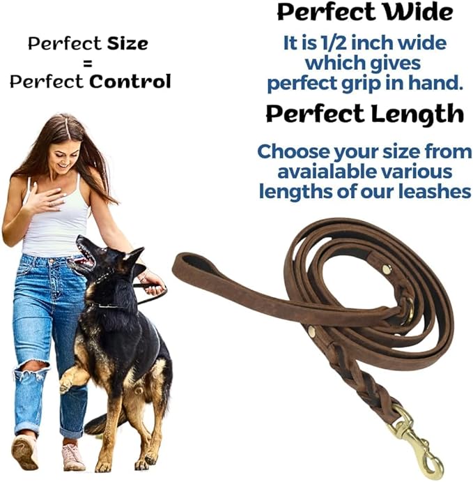 Leather Short Dog Leash 15 Inch - Short Dog Traffic Lead for Large Dogs Training and Walking - Braided Leather Tab for Large Dogs - Full Grain Heavy Duty. (Brown, 2 FT)
