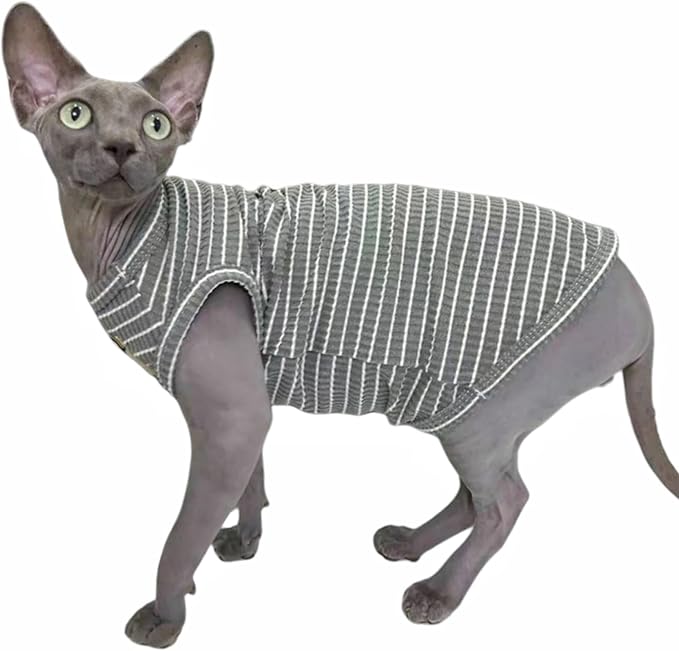 Sphynx Cat Clothes Vest for Hairless Cat, Rib Knit Stripe Cats T-Shirt Apparel, Kitten Summer Cotton Shirts Sleeveless for Cornish Rex, Devon Rex, Peterbald (Grey, M (5.5-7.2 lbs))