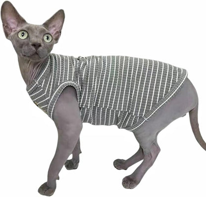 Sphynx Cat Clothes Vest for Hairless Cat, Rib Knit Stripe Cats T-Shirt Apparel, Kitten Summer Cotton Shirts Sleeveless for Cornish Rex, Devon Rex, Peterbald (Grey, M (5.5-7.2 lbs))