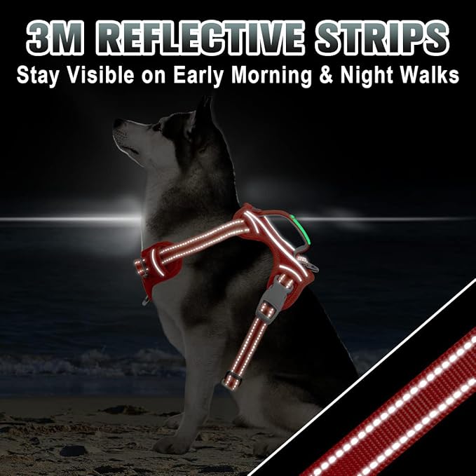 BARKBAY No Pull Dog Harness Large Reflective Dog Harness with Front Clip and Easy Control Handle for Walking Training Running with ID tag Pocket(Red,L)
