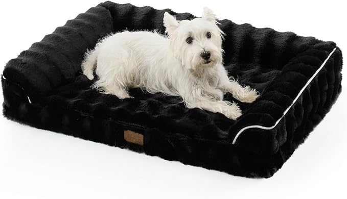 COZY KISS Faux Rabbit Fur Orthopedic Dog Bed, Dog Bed for Large Size, Supportive Foam Pet Sofa with Waterproof Lining Cover, Washable U-Shaped Pet Couch with Anti-Slip Bottom, Black L 36x27x6.5 inch