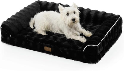 COZY KISS Faux Rabbit Fur Orthopedic Dog Bed, Dog Bed for Large Size, Supportive Foam Pet Sofa with Waterproof Lining Cover, Washable U-Shaped Pet Couch with Anti-Slip Bottom, Black L 36x27x6.5 inch
