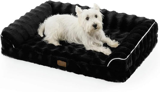 COZY KISS Faux Rabbit Fur Orthopedic Dog Bed, Dog Bed for Large Size, Supportive Foam Pet Sofa with Waterproof Lining Cover, Washable U-Shaped Pet Couch with Anti-Slip Bottom, Black L 36x27x6.5 inch