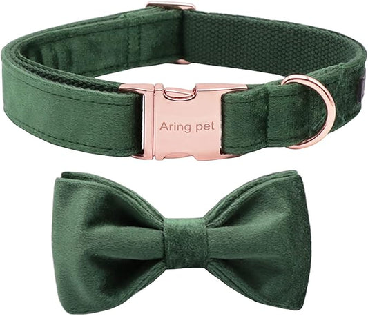 ARING PET Christmas Dog Collars with Bowtie, Cute Xmas Green Velvet Pet Bow Tie Collar with Metal Buckle for Puppy Small Medium Large Boy Girl Dogs-M