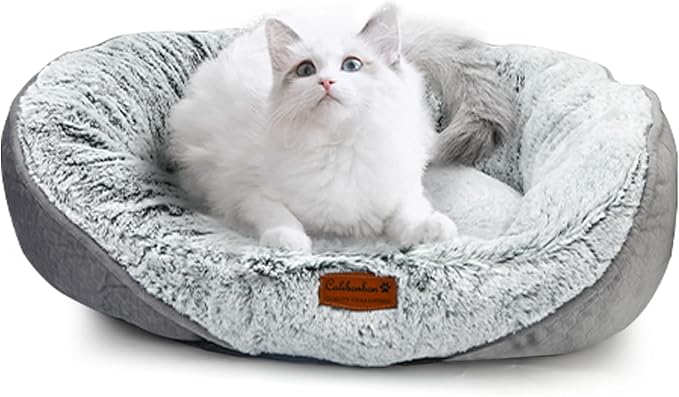 Calibonbon Luxury Calming Pet Bed for Cats & Small Dogs, All-in-One Machine Washable Long Fur Plush with Bolster, Non-Slip Waterproof Bottom & Orthopedic Support for Warmth, 20x19 Inch, Light Grey