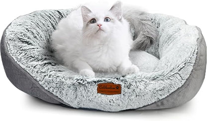 Calibonbon Luxury Calming Pet Bed for Cats & Small Dogs, All-in-One Machine Washable Long Fur Plush with Bolster, Non-Slip Waterproof Bottom & Orthopedic Support for Warmth, 20x19 Inch, Light Grey