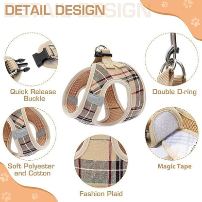 KOOLTAIL Dog Harness and Leash Set for Small Medium Dogs, Step in No Pull Soft Mesh Dog Harness Comfort Padded Pet Vest, Adjustable Reflective Easy Walking Puppy Cats Harnesses Training, Plaid Beige M