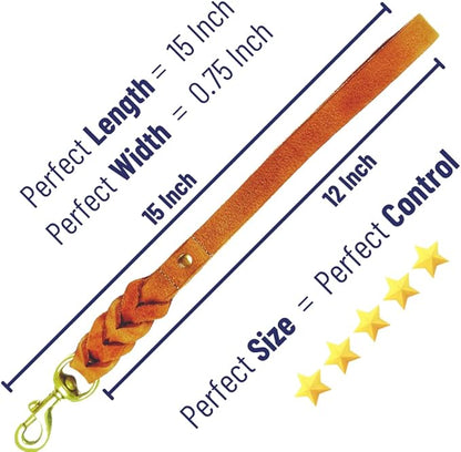 Leather Short Dog Leash 15 Inch - Short Dog Traffic Lead for Large Dogs Training and Walking - Braided Leather Tab for Large Dogs - Full Grain Heavy Duty. (Tan, 1 FT)
