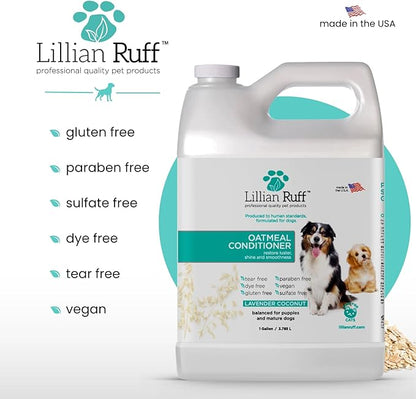 Lillian Ruff PRO Formula Oatmeal Dog Conditioner - Nourishing & Calming Relief for Allergies & Sensitive Skin - Detangles, Softens & Adds Shine with Oatmeal, Coconut Oil & Lavender - USA (Gallon+Pump)