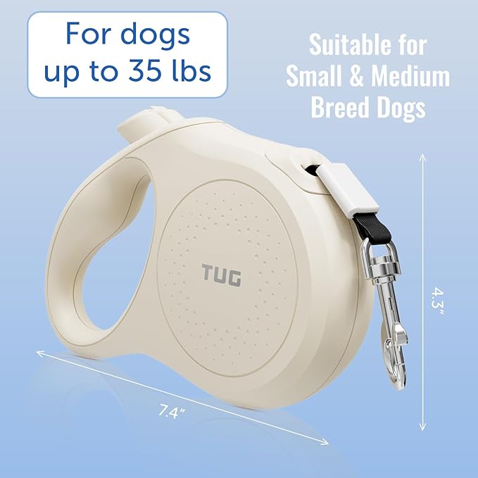TUG Quest Retractable Dog Leash | 360° Tangle-Free Retraction | 16 ft Strong Nylon Tape (Small, Cream)