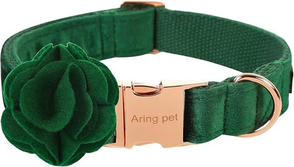 ARING PET Velvet Dog Collars, Dark Green Soft Pet Collar with Detachable Felt Flower Metal Buckle for Puppy Small Medium Large Boy Girl Dogs-M
