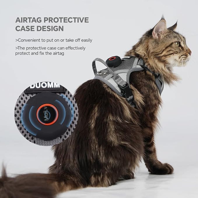 Cat Harness and Leash Set with AirTag Holder: Upgraded Escape Proof Vest with Lead for Small Dog Puppy Large Cat Walking，Soft Breathable Mesh Coat with Reflective Strip, Grey, S