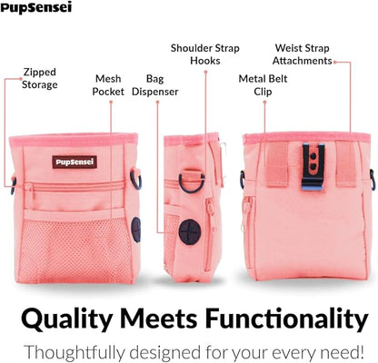 PupSensei Dog Treat Pouch for Training – Magnetic Dog Treat Bag with Belt Clip & Poop Bag Dispenser – Hands Free Carry Pouch with Auto-Close Access & Shoulder Strap – Durable Pet Gear –Light Pink