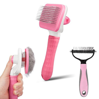 PWOD Dog & Cat Brush Kit 2PCS, Self Cleaning Slicker Brush for Pets, Dog Brush for Shedding Massaging and Grooming, Removes Loose Undercoat & Portable Comb for Long Short Haired Dogs(Pink)