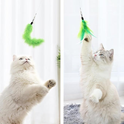 SONGWAY Cat Feather Toys Wand - 7 Pcs Interactive Cat Toys for Indoor Cats Kittens, Retractable Cat Wand with 6 Feather Teaser Refills with Bell, Cats Fishing Pole Toy, Green