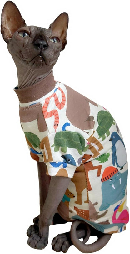 Limited Edition Sphynx Cat T-Shirts Elastic Hairless Cat Sweatshirt Pet Kitten Clothes Round Collar Kitten Shirts Vest Cats & Small Dogs Apparel (Planet Animal, XL (10-12 lbs))