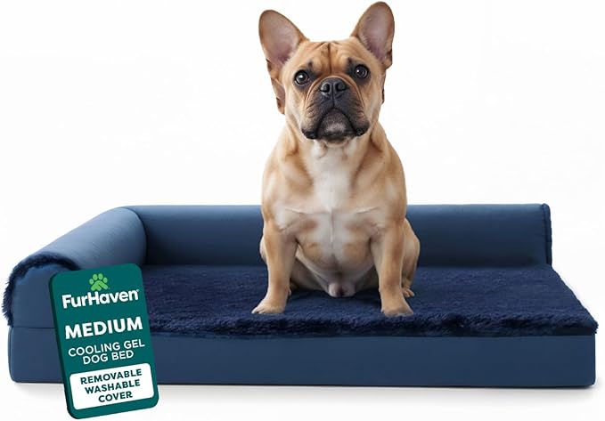 FurHaven Cooling Gel Dog Bed for Medium Dogs, L-Shaped Chaise with Cool Gel-Top Foam with a Solid Orthopedic Foam Base for Joint Support, Washable Cover, Medium, Plush & Velvet, Deep Sapphire