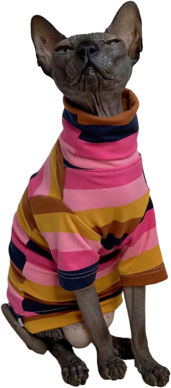 Vintage Stripes Sphynx Hairless Cats Shirt Cotton Cat Turtleneck Pet Clothes Kitten T-Shirts with Sleeves for Sphynx Cornish Rex, Devon Rex, Peterbald (Moning Glory, Small (Pack of 1))