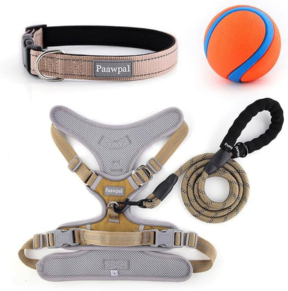 Paawpal Adjustable Dog Harness - No Pull, Reflective, Soft Padded for Small, Medium, Large Dogs - Includes Leash and Collar Beige XS