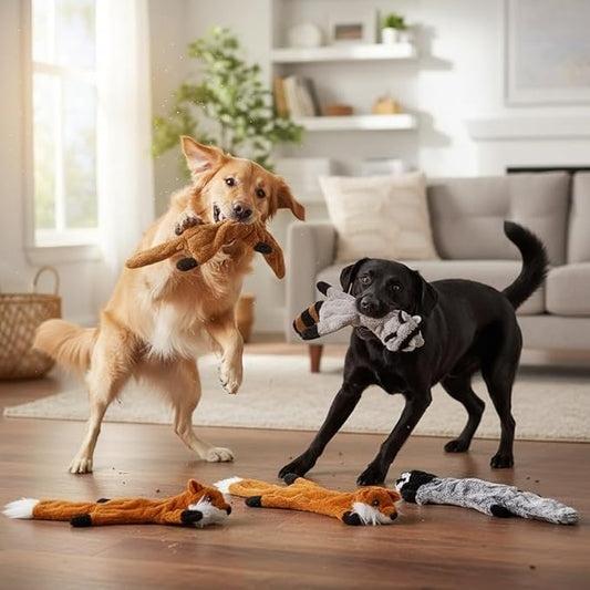 Plush Dog Squeaky Toys No Stuffing – Durable Crinkle Animal Chew Toys for Small Medium Dogs, Interactive Dog Tug Toys for Indoor Play and Training (5 Pack)