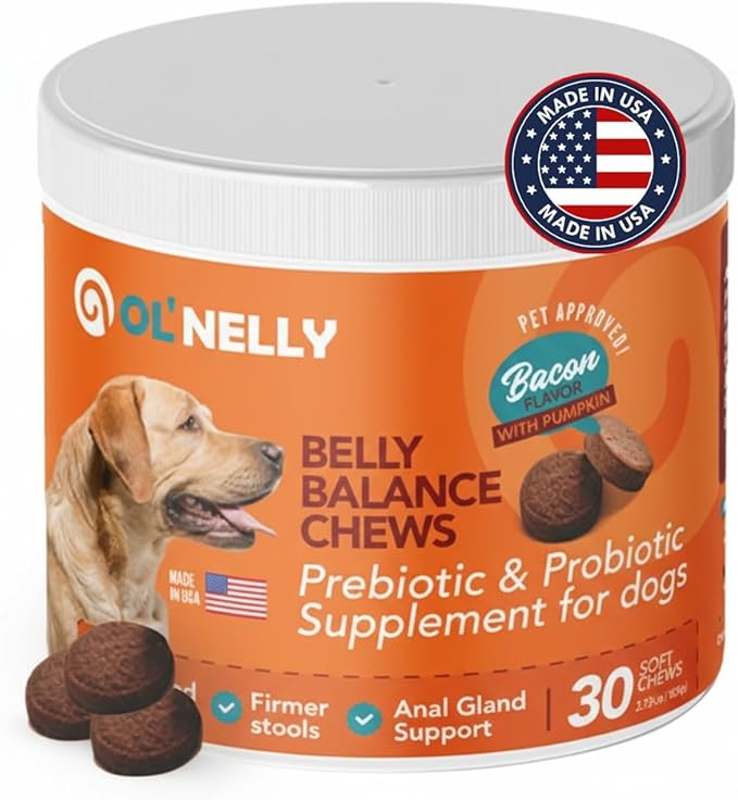 Ol'Nelly Pre & Probiotics for Dogs- 30 Soft Chews (Bacon) - Daily Dog Probiotics for Digestive & Gut Health - Diarrhea, Gas & Constipation Relief -All Ages and Breeds - Probioticos Perros Chewable