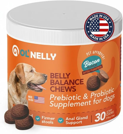 Ol'Nelly Pre & Probiotics for Dogs- 30 Soft Chews (Bacon) - Daily Dog Probiotics for Digestive & Gut Health - Diarrhea, Gas & Constipation Relief -All Ages and Breeds - Probioticos Perros Chewable