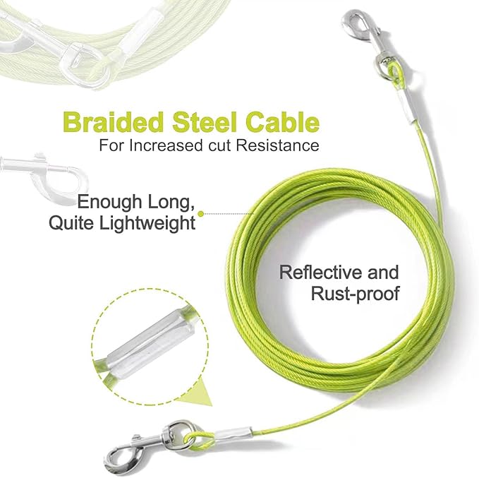 Tie Out Cable for Dogs,10/20/30/50/100FT Dog Leads for Yard Chew Proof,Heavy Duty Tie Out Cable for Large Dogs Up to 125lbs,Dog Runner Tether (Green, 125Ibs 10ft)