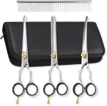 Left-Handed Pet dog Grooming Scissors Set Pro-Grade Curved Shears for Dogs Cats - Precision Crafted Sharp Blades Comfort Grip - Ideal for Cutting Curving Thinning (LH Round Tip Kit)