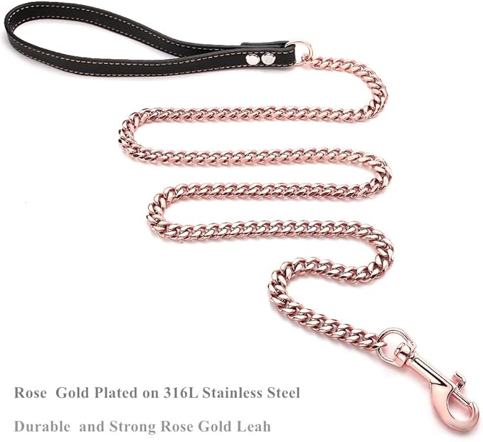 Rose Gold Dog Leash 11mm Cuban Link Chain Dog Leash Durable Stainless Steel Metal with Leather Handle for Small Medium Large Dogs 3FT/4FT/5FT(11mm,4ft)…
