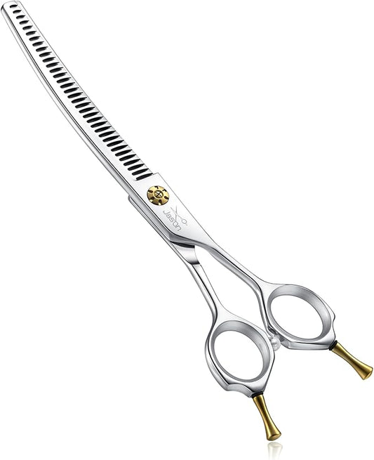 JASON Dog Shears for Grooming - 7" Up-curved Thinning Scissors with 55%-60% Thinning Rate, Japanese 440C Stainless Steel Dog Grooming Blenders with Adjustable Screw (35 Teeth, Silver) Christmas Gift