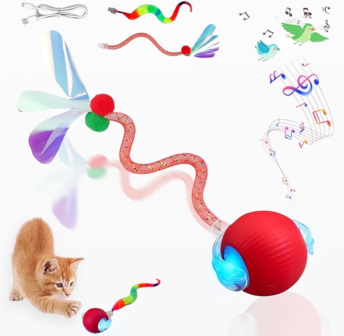 Yaruiguang New Upgraded Cat Ball Toy - Speedy Tail 2.0 Cat Toy, Interactive Cat Toy Ball, Stimulating Toys and Juguetes para Gatos, Cat Toys for Bored Indoor (Red)