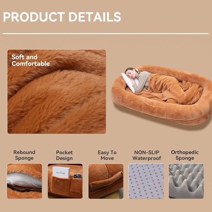 Human Dog Bed 63”x36.6”x11” Large Dog Bed with Raised Cushioned Rim, Removable Cover, Waterproof Lining and Bonus Blanket; Washable-Luxury Fluffy Nap Bed (63"x36.6"x11", Brown)