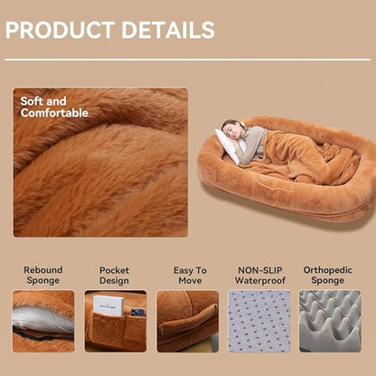 Human Dog Bed 63”x36.6”x11” Large Dog Bed with Raised Cushioned Rim, Removable Cover, Waterproof Lining and Bonus Blanket; Washable-Luxury Fluffy Nap Bed (63"x36.6"x11", Brown)