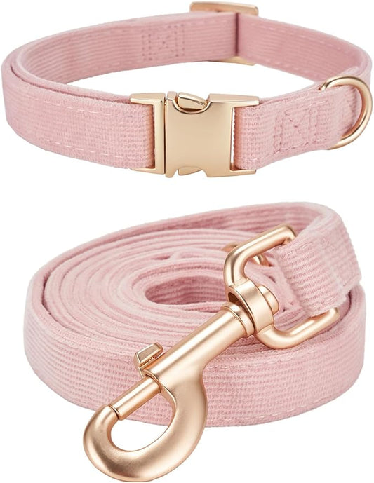 Ewinoom Soft Corduroy Dog Collar and Leash Set Adjustable Durable Dog Collars with Metal Buckle and Lead for Female Large Dogs,Baby Pink