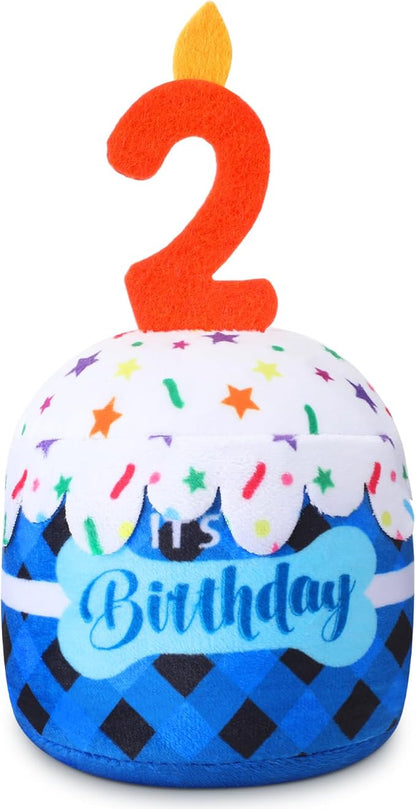 Dog 2nd Birthday Cake Toy Accessories for Girl Boy Gifts, Blue Grid Squeaky Plush Toy for Dog Birthday Party Decor Favor for Large, Medium and Small Dogs