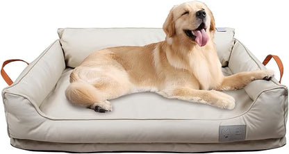 Removable Orthopedic Dog Beds for Large Dogs, Leather Memory Foam Dog Sofa Bed, Waterproof Durable Dogs Bed Couch with Non Skid Bottom for All Pet Sizes (Beige, X-Large)
