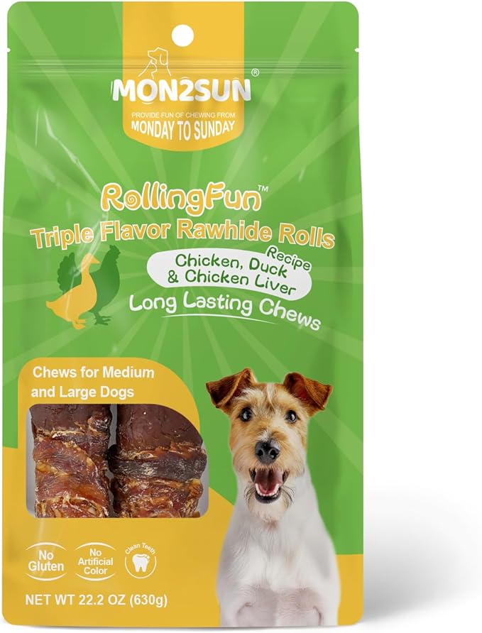 MON2SUN Dog Treats Triple Flavor 9 Inch Chicken Liver Duck and Chicken Wrapped Rawhide Rolls, Teeth Cleaning and Long Lasting Chews for Medium and Large Dogs, 22.2 oz(4 Count)