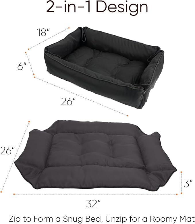 Waterproof Oxford Dog Bed, Foldable Crate Mat for Small Medium Dogs, Orthopedic Pet Cushion with PP Cotton, Chew Resistant, Anti-Slip Base, Indoor Outdoor Washable Portable Bed, Black