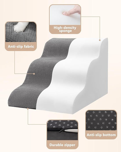 Aodisman Dog Stairs for Small Dogs,3 Step Dog Ramp for Couch and Bed,Pet Stairs with Non-Slip Bottom for Old Cats,Indoor Pet Steps,Comfort,Durable,15.4" H,Grey