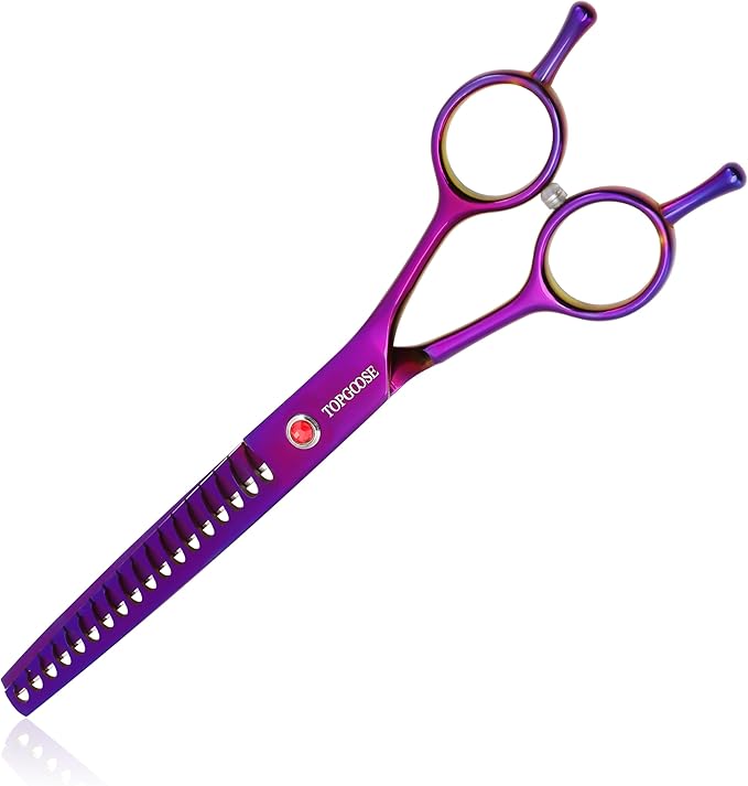 TOPGOOSE 7.5" Dog Grooming Scissor - Professional Thinning Chunker Shear with 18 Teeth Japanese Stainless Steel Hair Scissors for Dogs, Cats and Other Pets (Chunker, Purple)